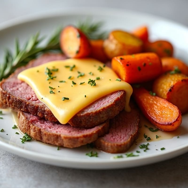 Lean Roast Beef with Melted Sharp Cheddar and Roasted Root Vegetables