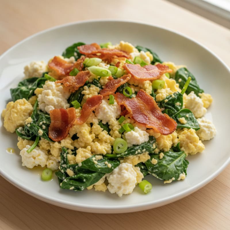 Cottage Cheese Egg Scramble with Spinach and Turkey Bacon