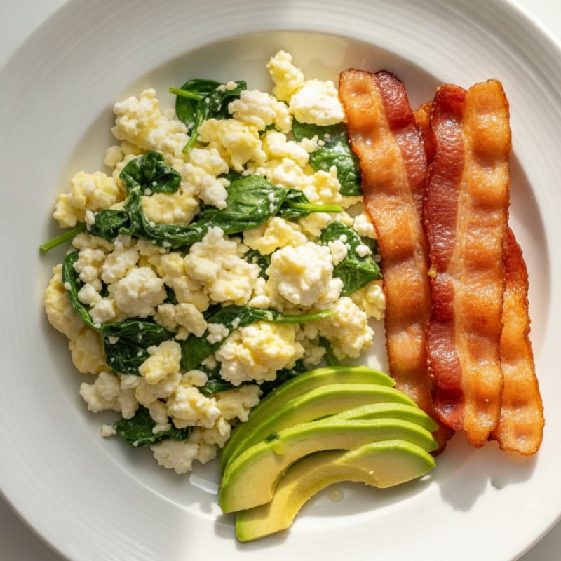 Cottage Cheese Egg Scramble with Spinach and Turkey Bacon