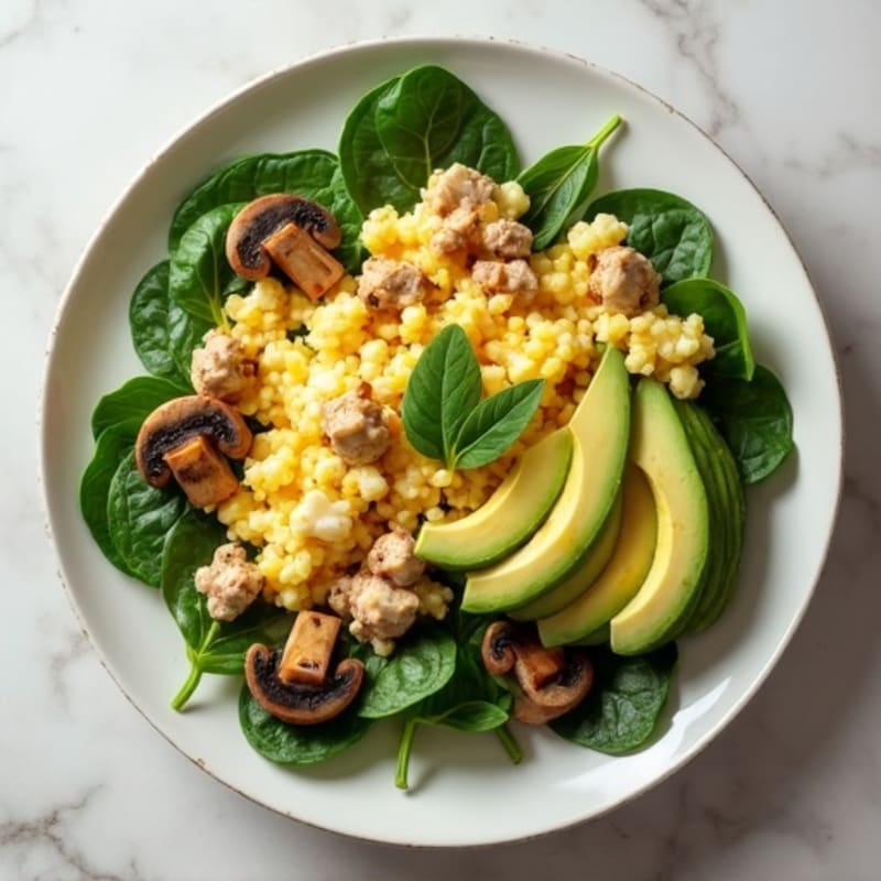 Egg White and Turkey Spinach Scramble with Sautéed Mushrooms