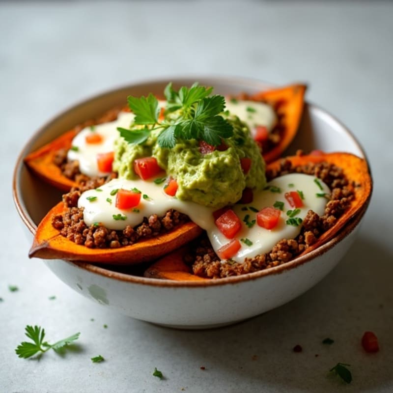 Sweet Potato Boats with Lean Ground Beef, Melted Mozzarella, and Fresh Guacamole