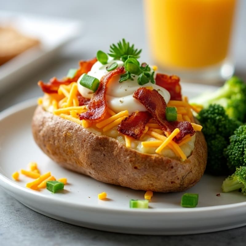 Loaded Twice-Baked Potatoes with Crispy Lean Bacon, Light Cheese, and Roasted Broccoli