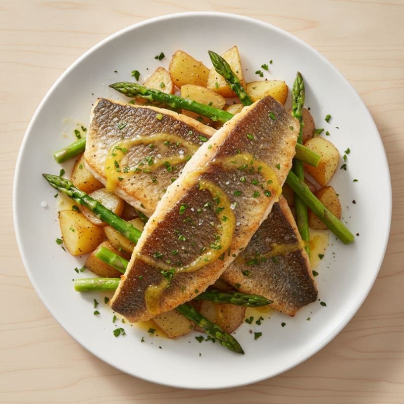 Pan-Seared Bass with Roasted Lemon Potatoes