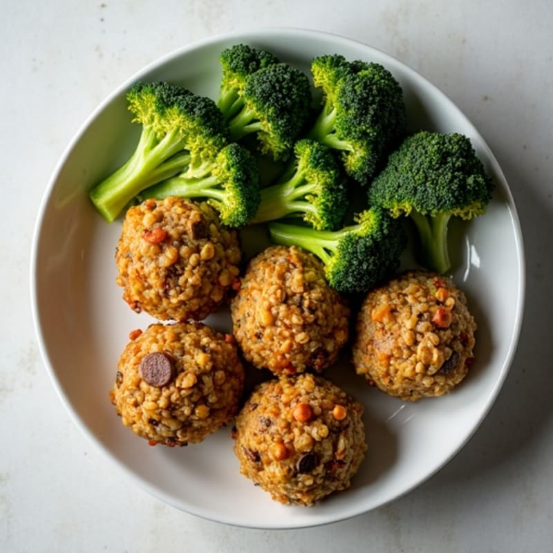 Crispy Baked Lentil Mushroom Meatballs with Roasted Broccoli