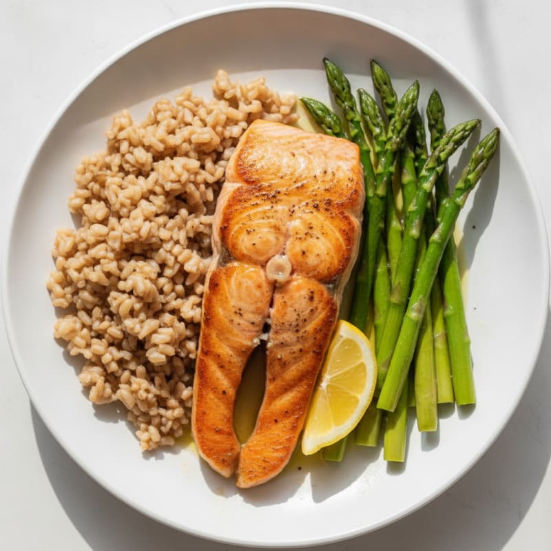Seared Salmon with Steamed Asparagus and Brown Rice
