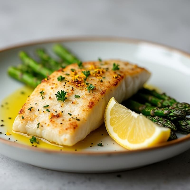 Seared Cod Filet with Roasted Asparagus and Lemon Zest