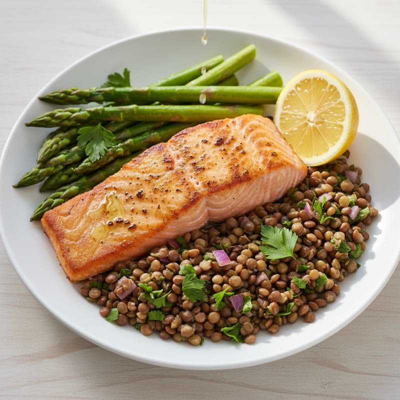 Seared Salmon with Steamed Asparagus and Lentil Salad
