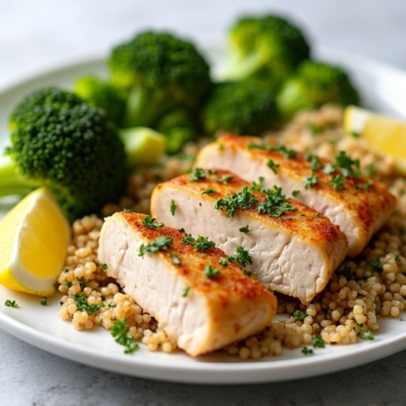 Lemon Herb Chicken and Crispy Roasted Broccoli with Quinoa