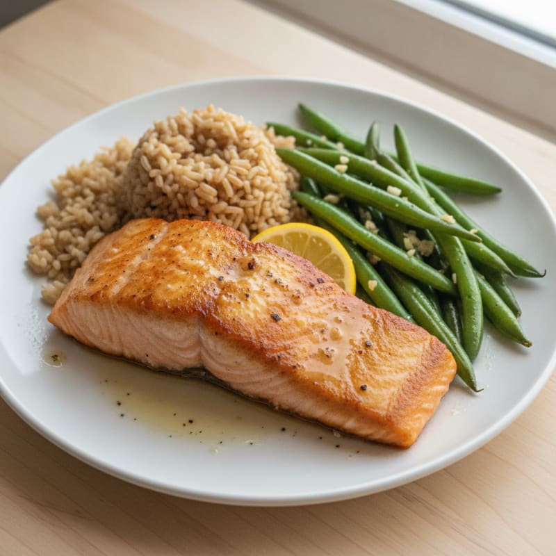Seared Salmon with Garlic Green Beans and Brown Rice
