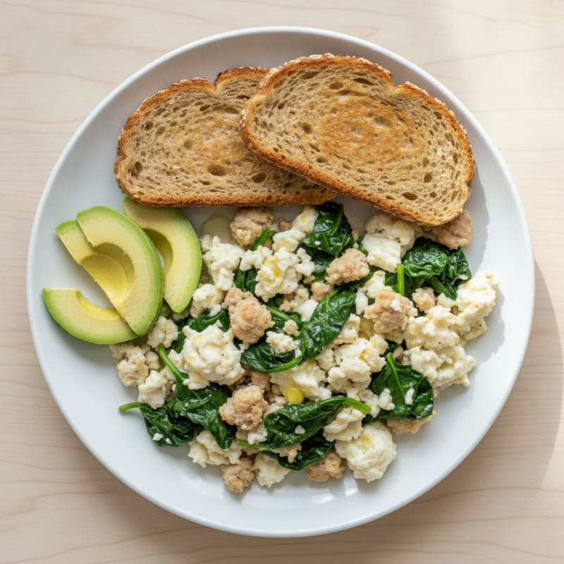 Egg White and Turkey Sausage Scramble with Sautéed Spinach