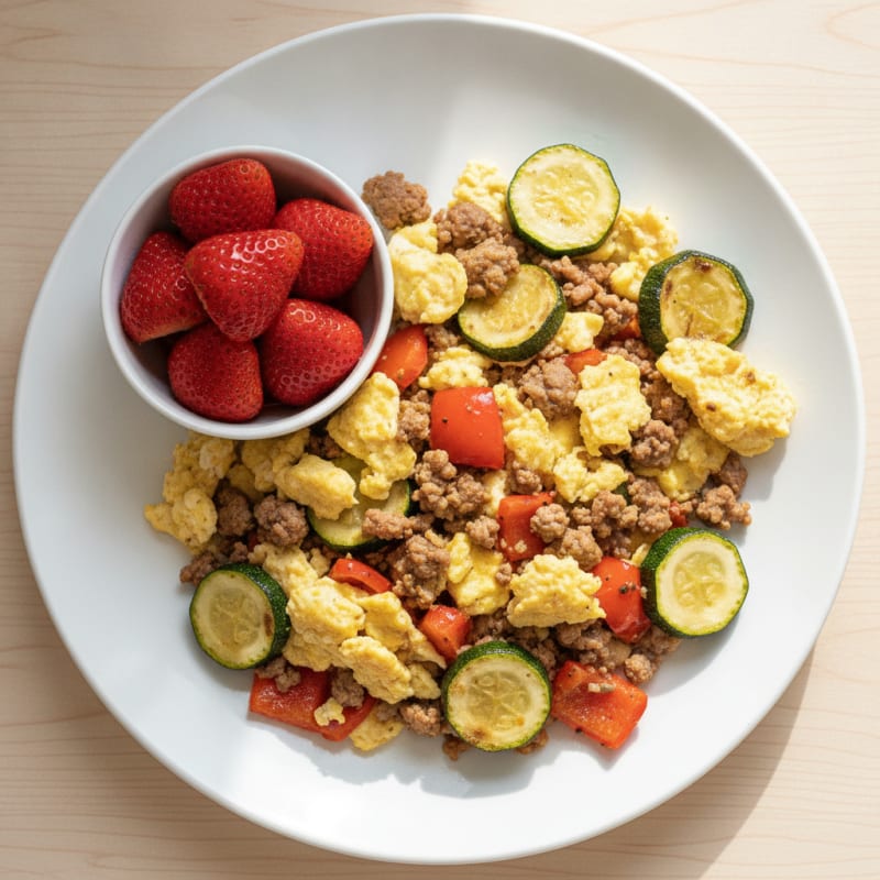 Egg and Roasted Veggie Scramble with Fresh Fruit