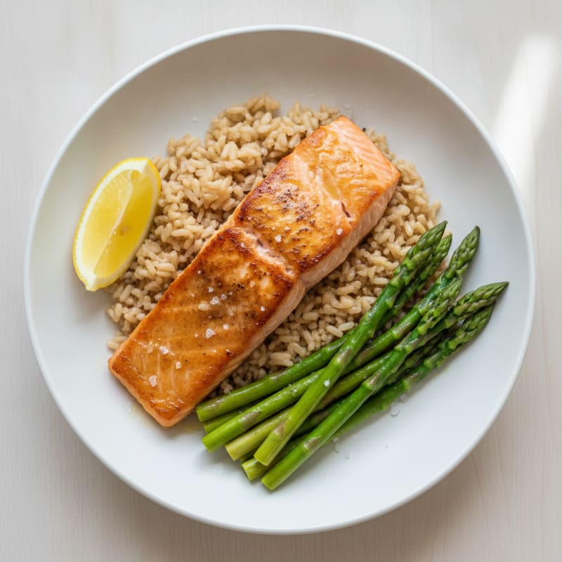 Seared Salmon with Steamed Asparagus and Brown Rice