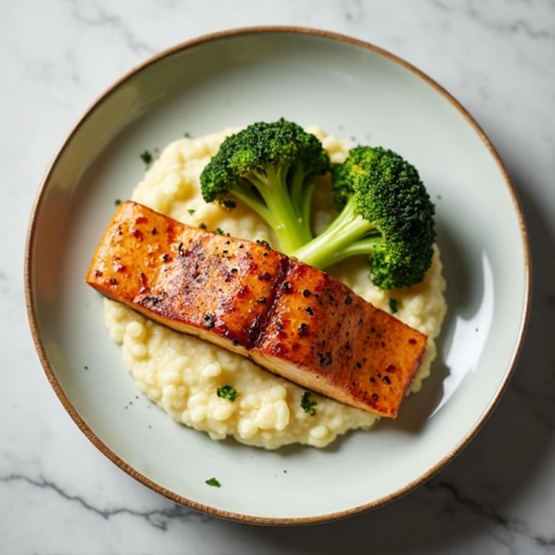 Seared Salmon with Roasted Broccoli and Garlic Cauliflower Mash