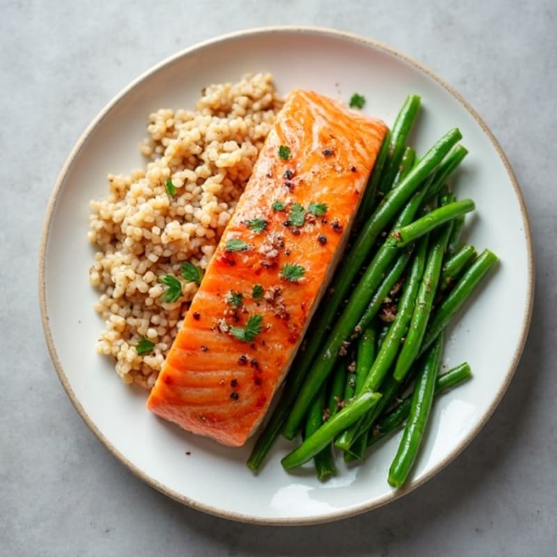 Seared Salmon Fillet with Garlic Green Beans and Brown Rice