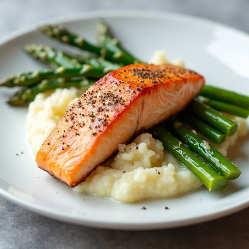 Seared Salmon with Steamed Asparagus and Cauliflower Mash