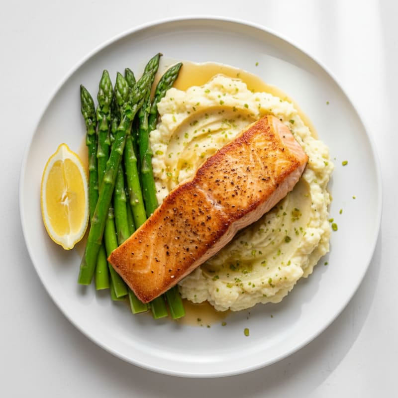 Pan-Seared Salmon with Steamed Asparagus and Garlic Mashed Cauliflower