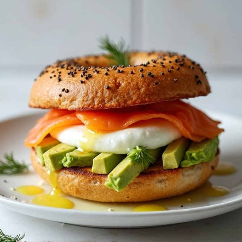 Crispy Bagel with Smoked Salmon, Creamy Avocado, and Fresh Dill