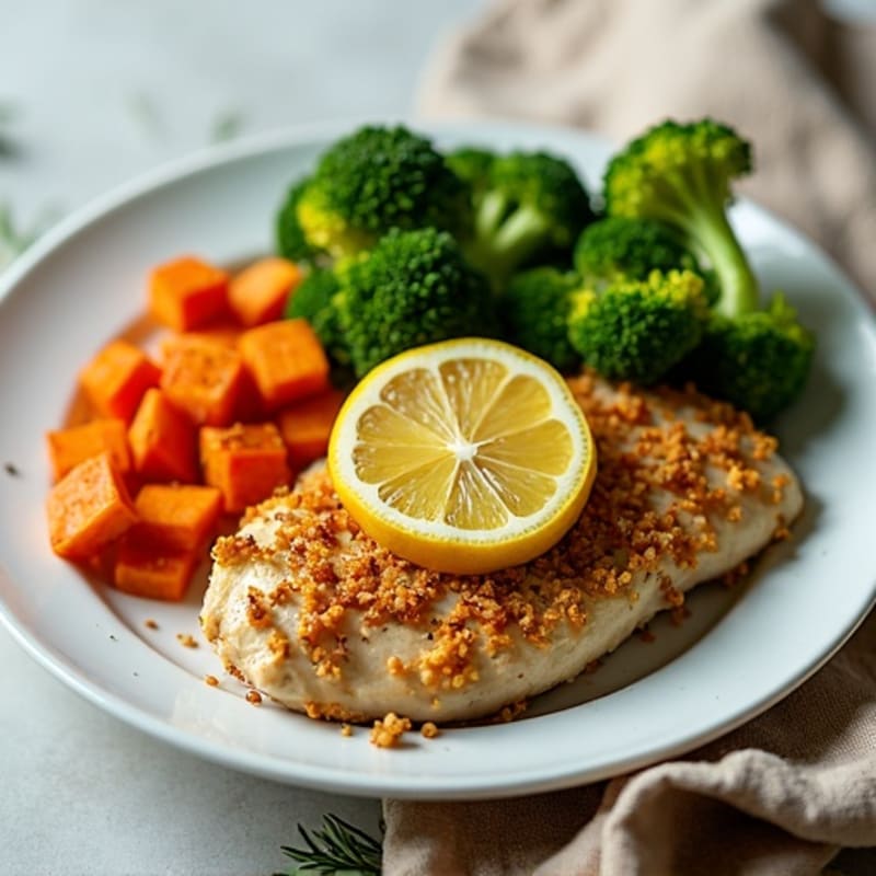 Crispy Lemon Herb Chicken with Roasted Sweet Potatoes and Broccoli