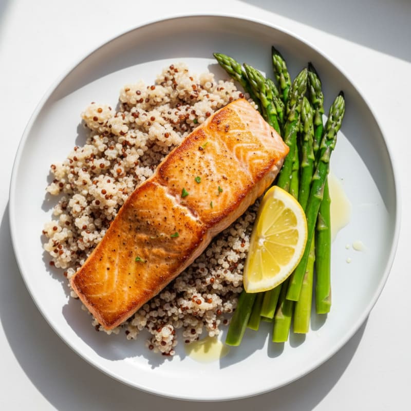 Seared Salmon Fillet with Steamed Asparagus and Quinoa