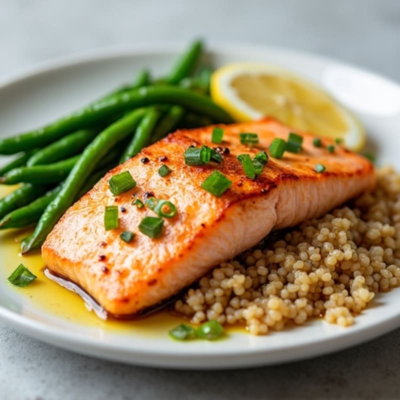 Seared Salmon with Lemon Garlic Green Beans and Brown Rice