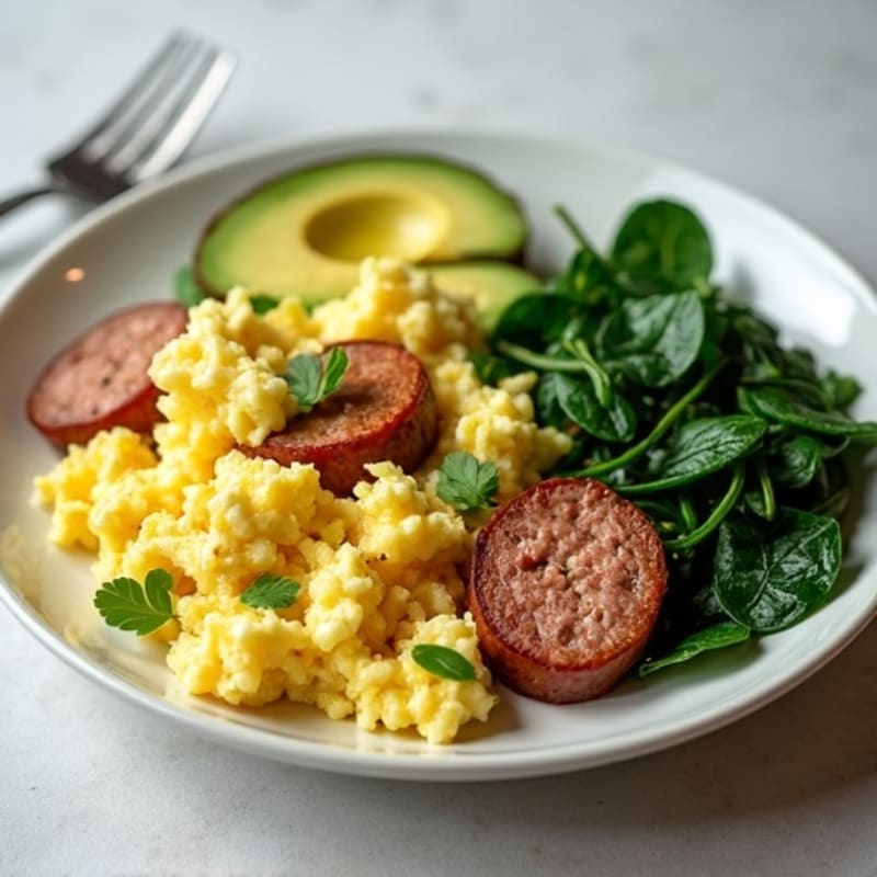 Egg White and Turkey Sausage Scramble with Sautéed Spinach