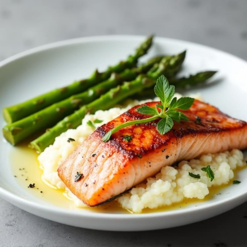 Seared Salmon with Steamed Asparagus and Cauliflower Mash