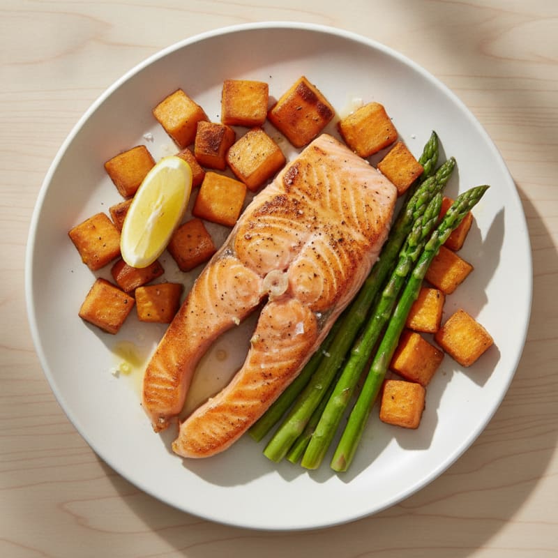 Seared Salmon Fillet with Roasted Sweet Potatoes and Asparagus