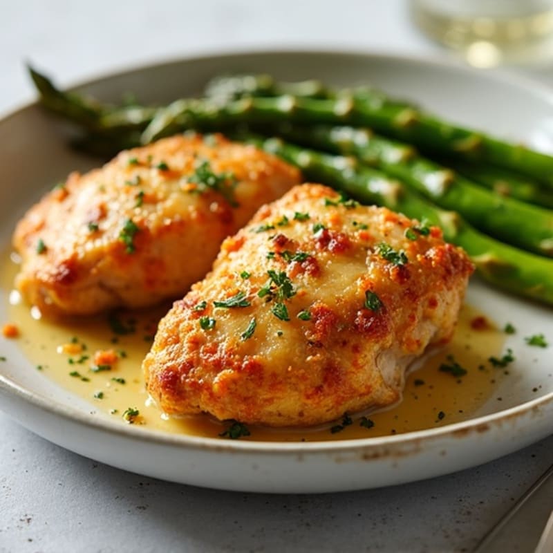 Crispy Lemon Garlic Roasted Chicken Thighs with Roasted Asparagus