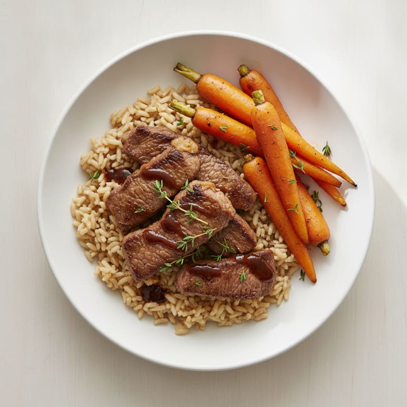 Seared Lean Beef Strips with Brown Rice and Roasted Carrots