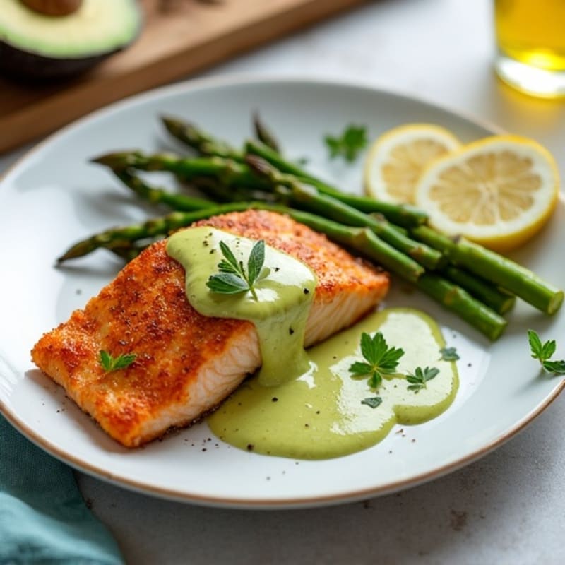 Crispy Salmon with Creamy Avocado Sauce and Roasted Asparagus