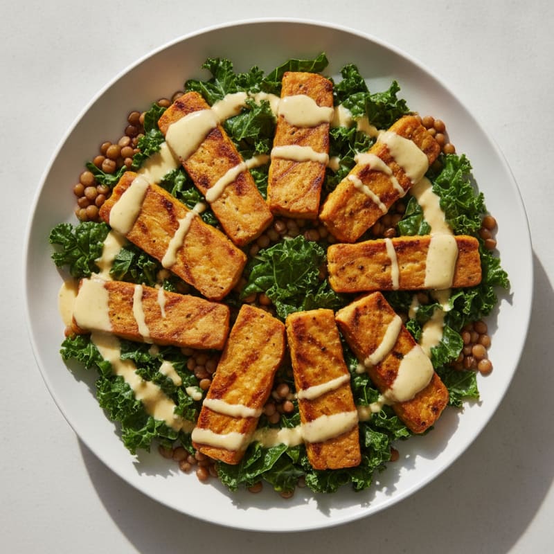 Grilled Tempeh and Lentil Power Salad with Creamy Tahini Dressing