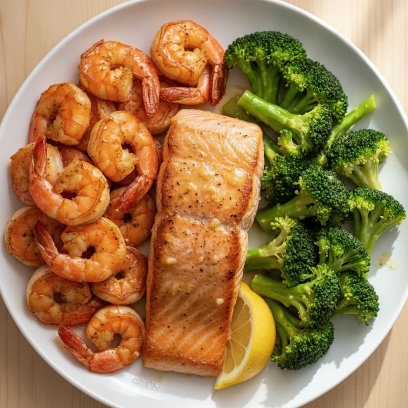 Seared Salmon with Roasted Shrimp and Steamed Broccoli