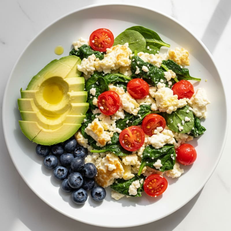 Cottage Cheese Egg White Scramble with Spinach and Cherry Tomatoes