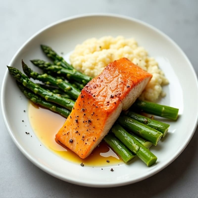 Seared Salmon with Steamed Asparagus and Garlic Cauliflower Mash