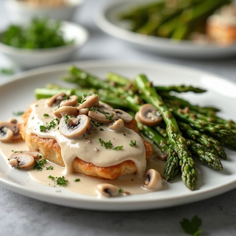 Chicken with Creamy Mushroom Sauce and Roasted Asparagus