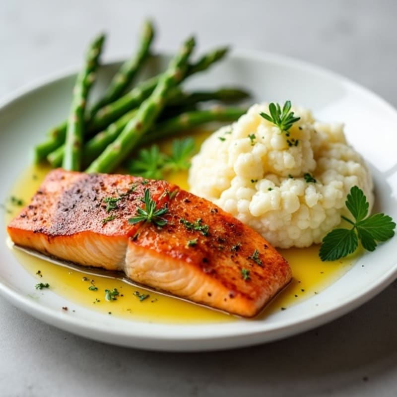 Seared Salmon Fillet with Steamed Asparagus and Cauliflower Mash