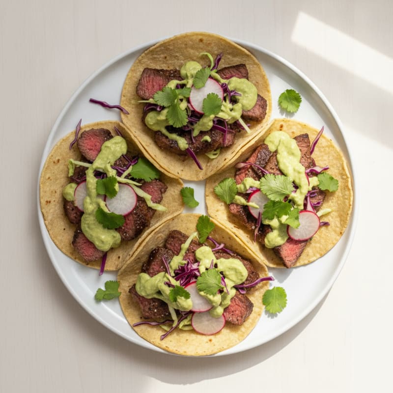Pan-Seared Steak Tacos with Avocado Crema