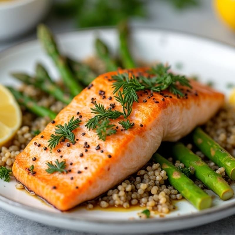 Lemon Herb Roasted Salmon with Roasted Asparagus and Quinoa
