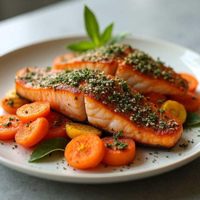Herb-Crusted Pan Seared Salmon with Roasted Root Vegetables