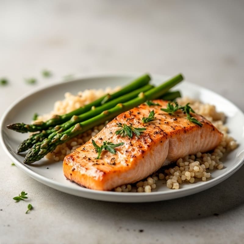 Seared Salmon Fillet with Steamed Asparagus and Brown Rice