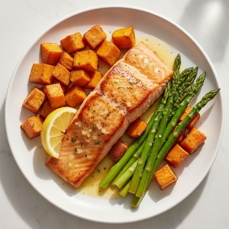 Seared Salmon Fillet with Roasted Sweet Potato and Asparagus