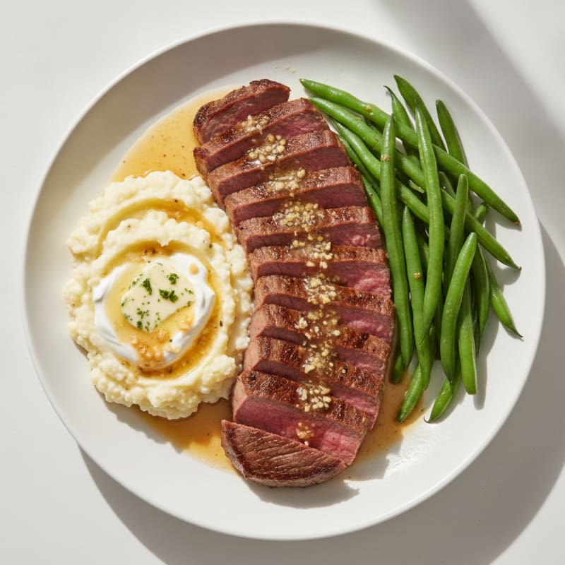 Seared Lean Beef with Steamed Green Beans and Cauliflower Mash