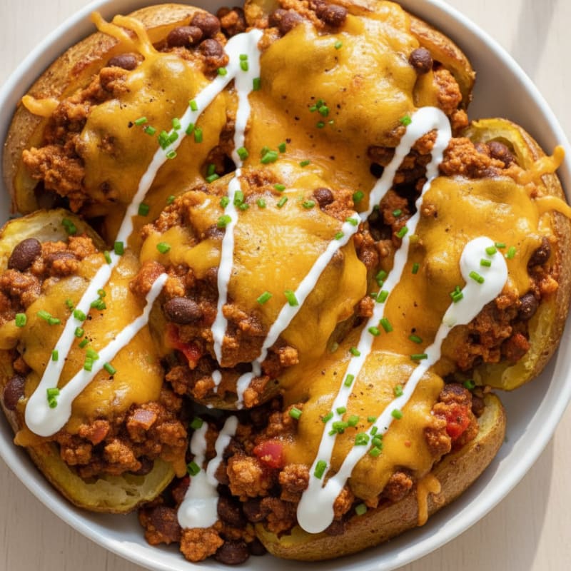 Hearty Chili Cheese Potato Skins
