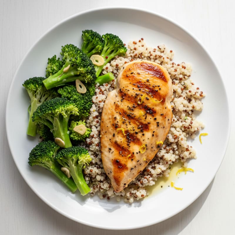 Grilled Lemon Pepper Chicken Breast with Steamed Broccoli and Quinoa
