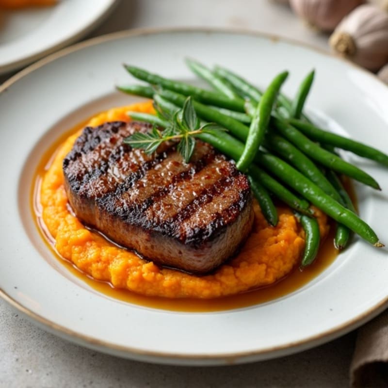 Seared Steak with Garlic Green Beans and Sweet Potato Mash