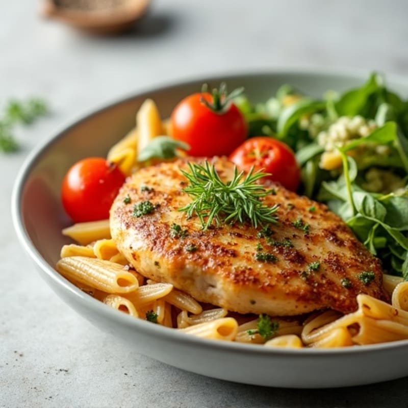 Pan-Seared Chicken with Fresh Pesto Whole Wheat Pasta and Roasted Cherry Tomatoes