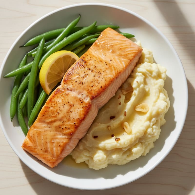 Seared Salmon with Steamed Green Beans and Garlic Mashed Cauliflower