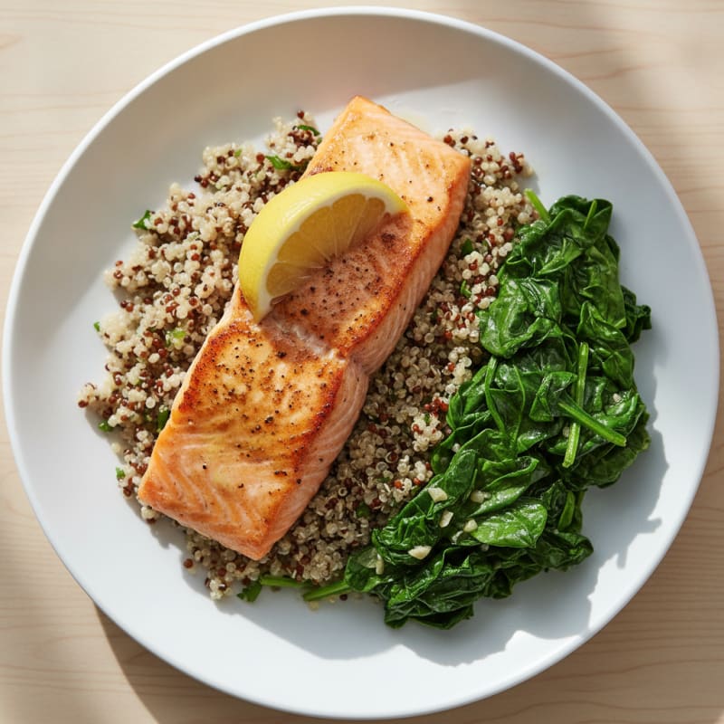 Seared Salmon Fillet with Quinoa and Garlic Spinach