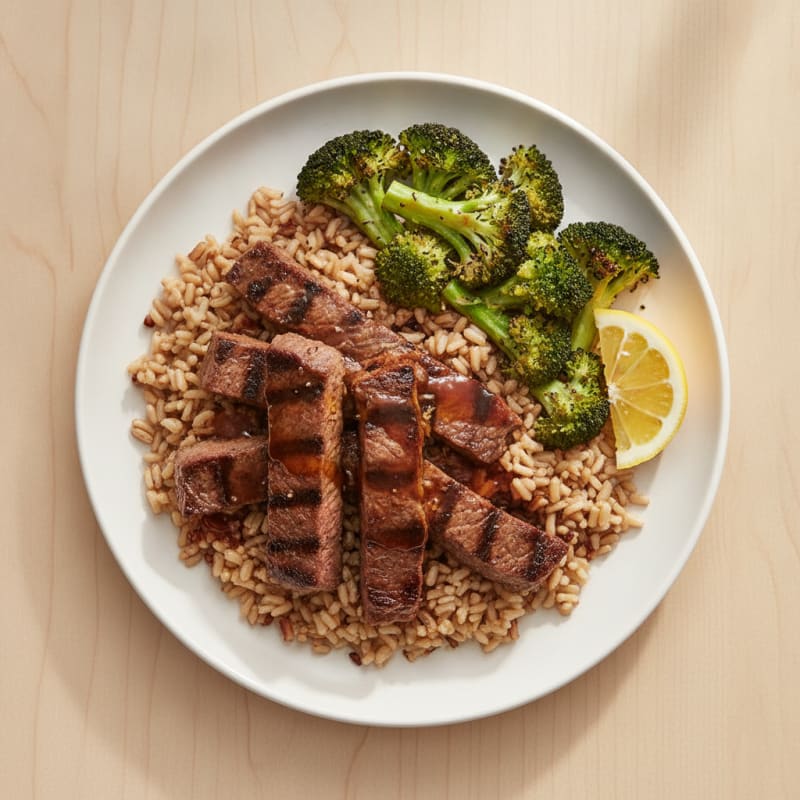 Seared Steak Strips with Roasted Broccoli and Garlic Brown Rice