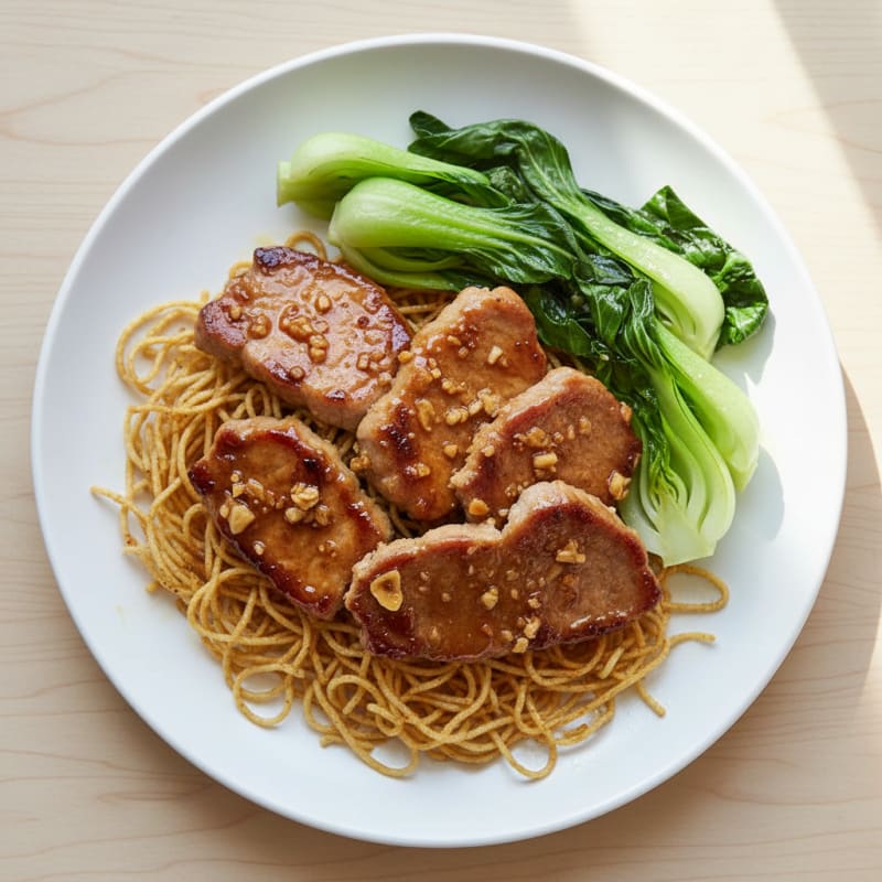 Charred Honey-Glazed Pork with Crispy Noodles